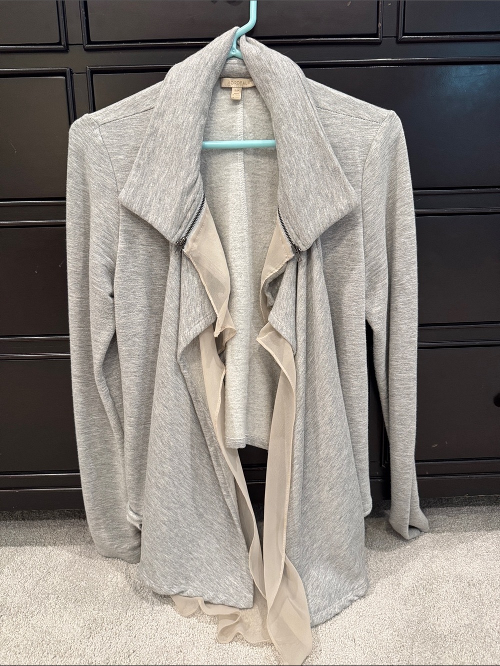 Bordeaux Light Gray Open-Front Cardigan with Chiffon Trim